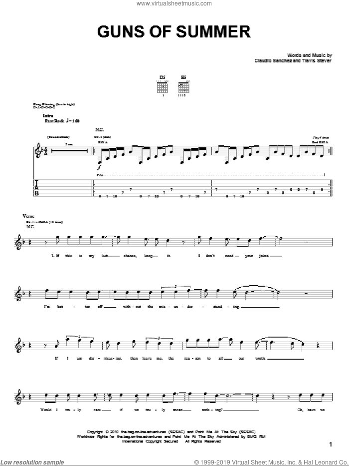 Guns Of Summer sheet music for guitar (tablature) by Coheed And Cambria, Claudio Sanchez and Travis Stever, intermediate skill level