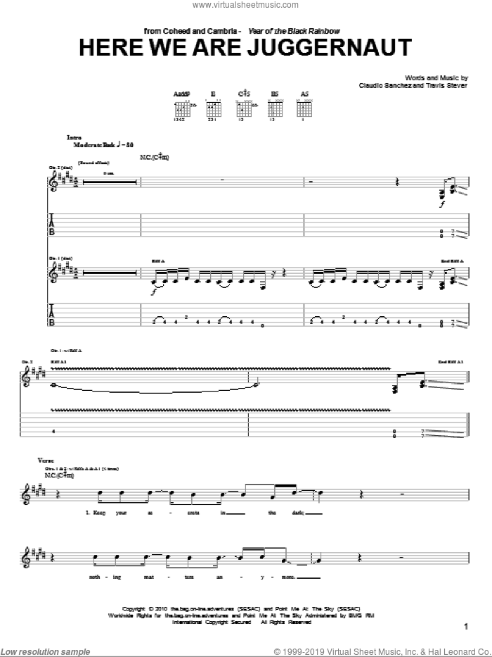 Here We Are Juggernaut sheet music for guitar (tablature) by Coheed And Cambria, Claudio Sanchez and Travis Stever, intermediate skill level