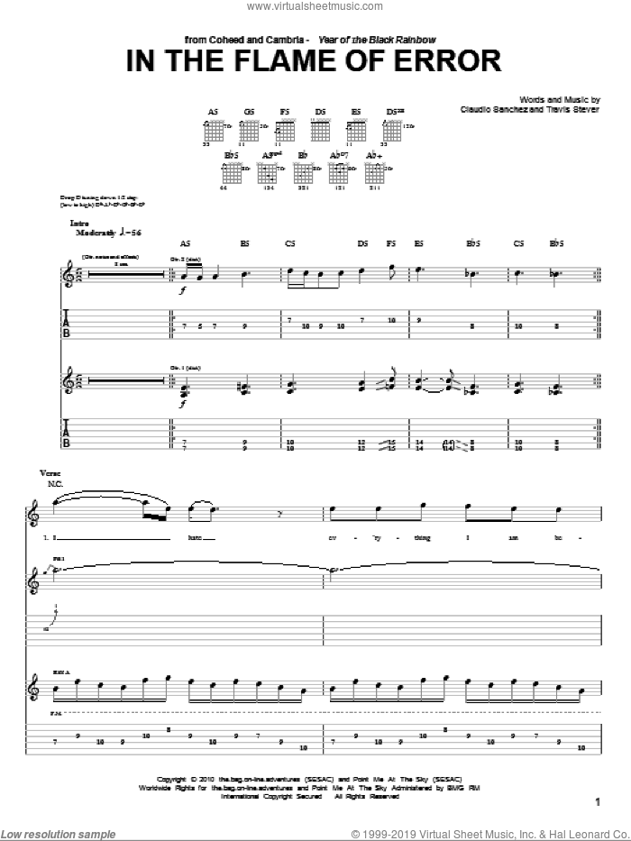 In The Flame Of Error sheet music for guitar (tablature) by Coheed And Cambria, Claudio Sanchez and Travis Stever, intermediate skill level
