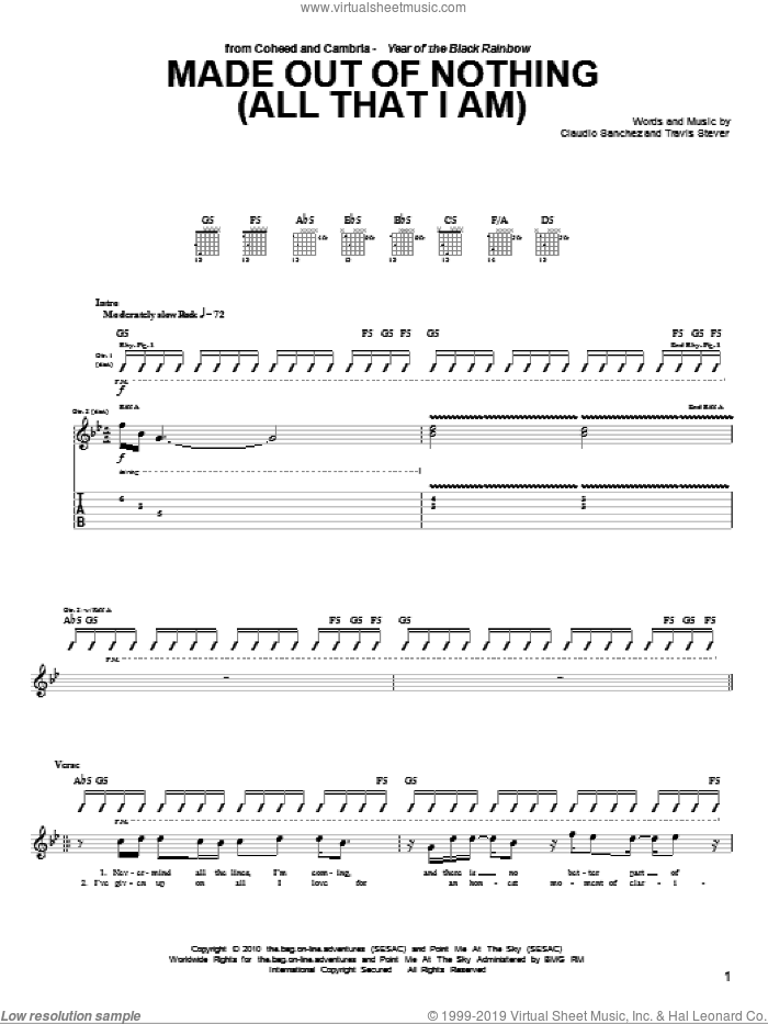 Made Out Of Nothing (All That I Am) sheet music for guitar (tablature) by Coheed And Cambria, Claudio Sanchez and Travis Stever, intermediate skill level