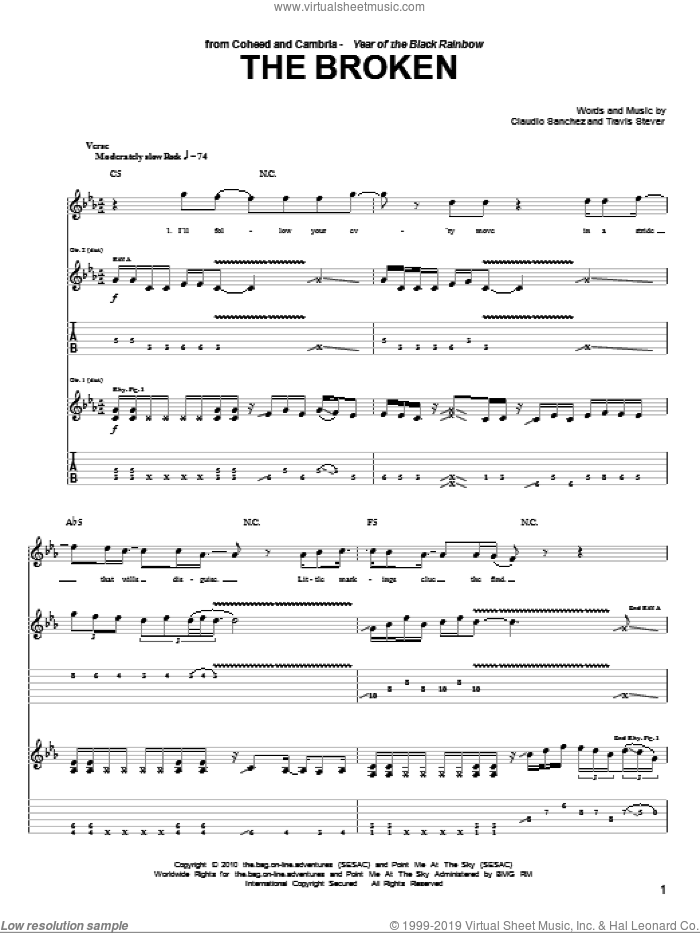 The Broken sheet music for guitar (tablature) by Coheed And Cambria, Claudio Sanchez and Travis Stever, intermediate skill level