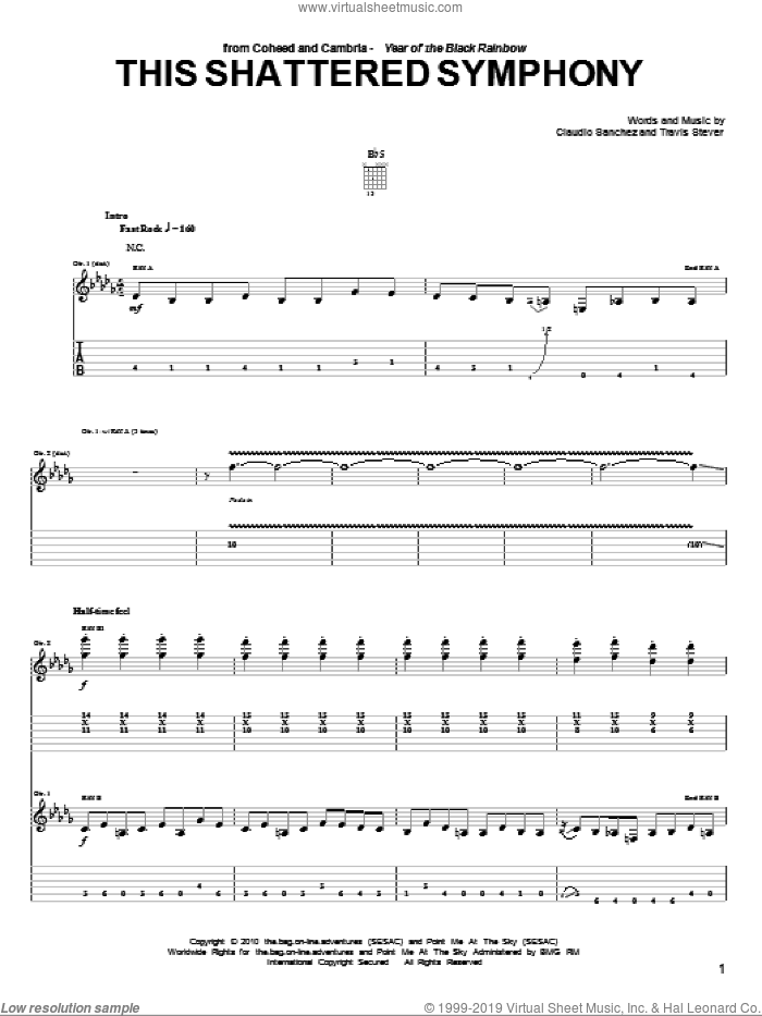This Shattered Symphony sheet music for guitar (tablature) by Coheed And Cambria, Claudio Sanchez and Travis Stever, intermediate skill level
