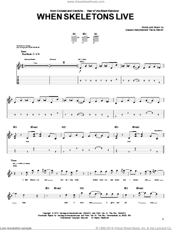 When Skeletons Live sheet music for guitar (tablature) by Coheed And Cambria, Claudio Sanchez and Travis Stever, intermediate skill level