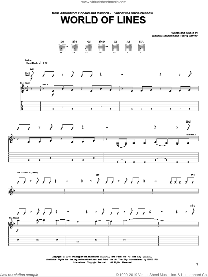 World Of Lines sheet music for guitar (tablature) by Coheed And Cambria, Claudio Sanchez and Travis Stever, intermediate skill level