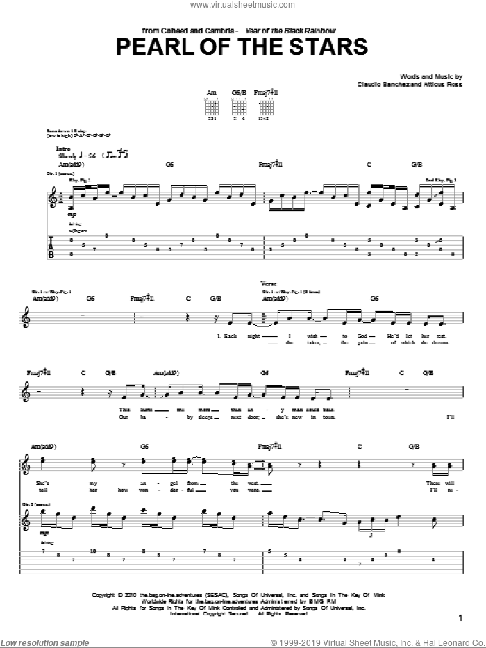 Pearl Of The Stars sheet music for guitar (tablature) by Coheed And Cambria, Atticus Ross and Claudio Sanchez, intermediate skill level