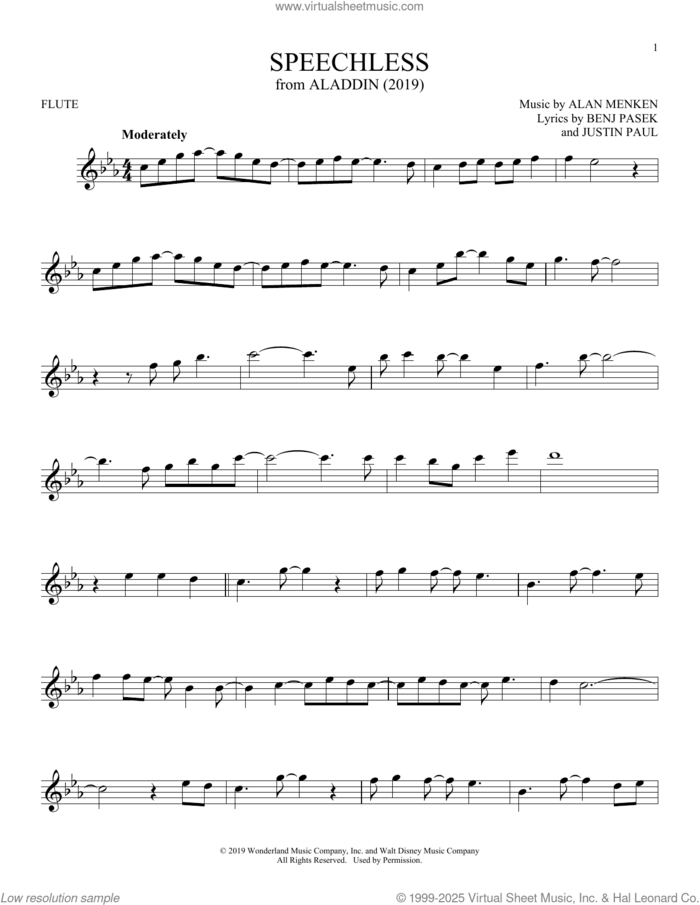 Speechless (from Aladdin) (2019) sheet music for flute solo by Naomi Scott, Alan Menken, Benj Pasek and Justin Paul, intermediate skill level