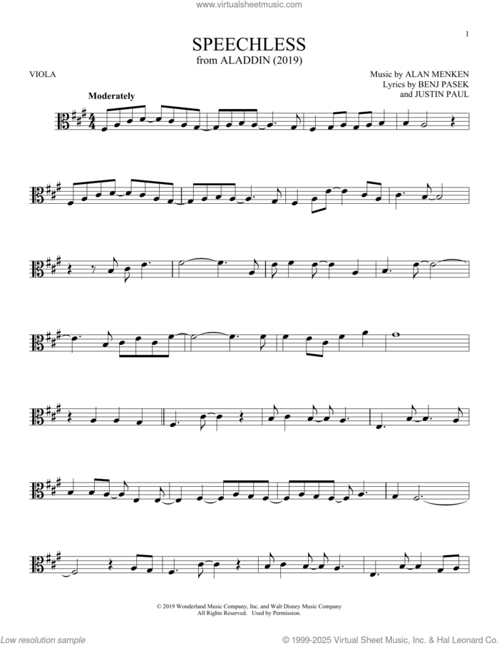 Speechless (from Aladdin) (2019) sheet music for viola solo by Naomi Scott, Alan Menken, Benj Pasek and Justin Paul, intermediate skill level