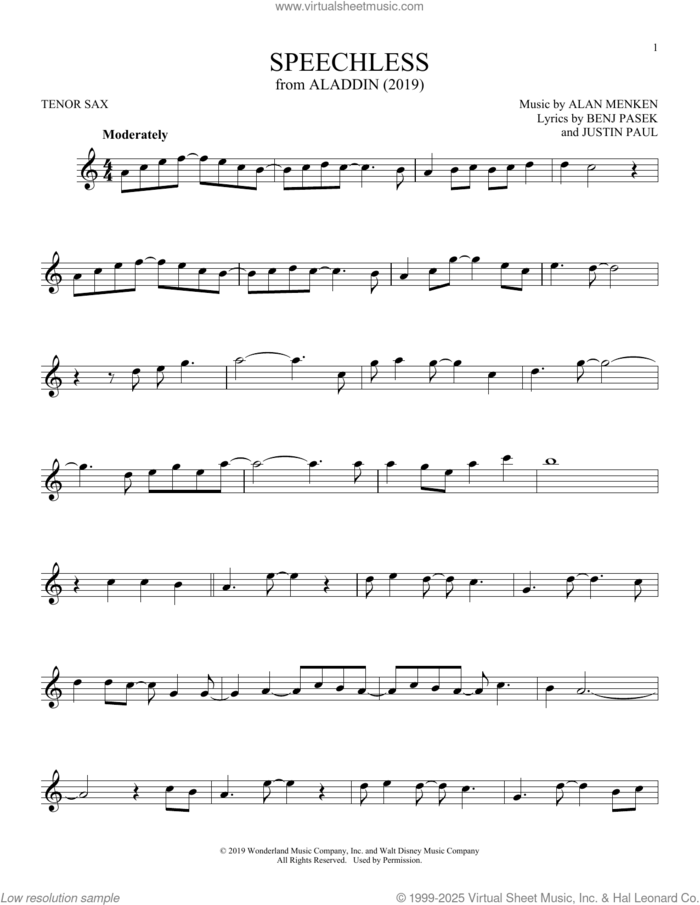 Speechless (from Aladdin) (2019) sheet music for tenor saxophone solo by Naomi Scott, Alan Menken, Benj Pasek and Justin Paul, intermediate skill level