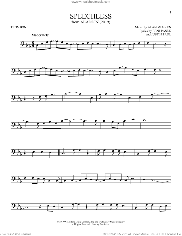 Speechless (from Aladdin) (2019) sheet music for trombone solo by Naomi Scott, Alan Menken, Benj Pasek and Justin Paul, intermediate skill level