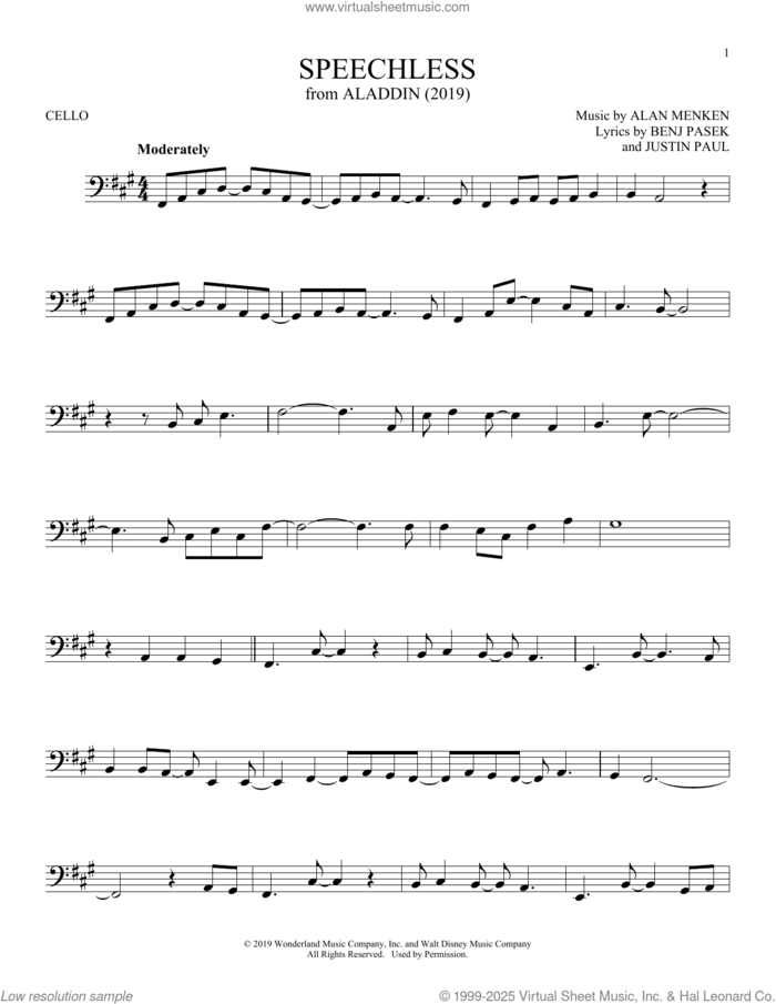 Speechless (from Aladdin) (2019) sheet music for cello solo by Naomi Scott, Alan Menken, Benj Pasek and Justin Paul, intermediate skill level