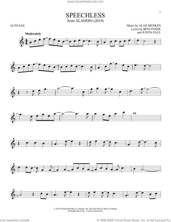 Speechless (from Aladdin) (2019) sheet music for alto saxophone solo by Naomi Scott, Alan Menken, Benj Pasek and Justin Paul, intermediate skill level
