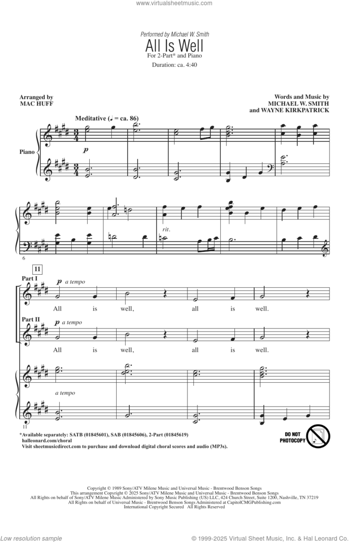 All Is Well (arr. Mac Huff) sheet music for choir (2-Part) by Michael W. Smith, Mac Huff and Wayne Kirkpatrick, intermediate duet