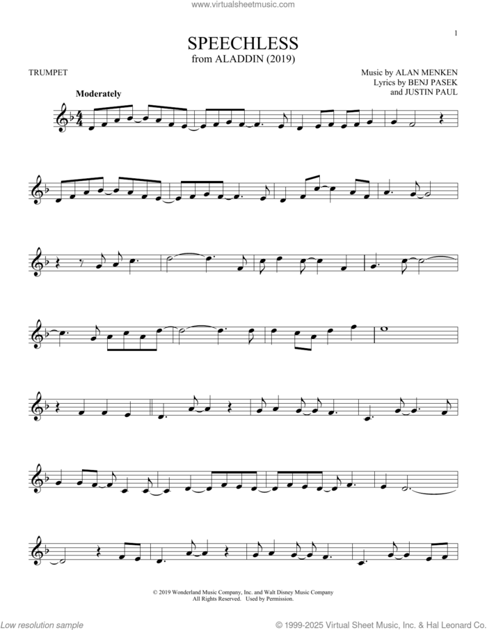 Speechless (from Aladdin) (2019) sheet music for trumpet solo by Naomi Scott, Alan Menken, Benj Pasek and Justin Paul, intermediate skill level