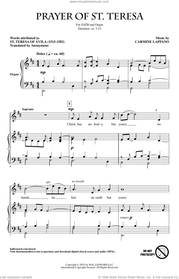 Prayer Of St. Teresa sheet music for choir (SATB: soprano, alto, tenor, bass) by Carmine Lappano, Anonymous (trans.) and St. Teresa of Avila, intermediate skill level