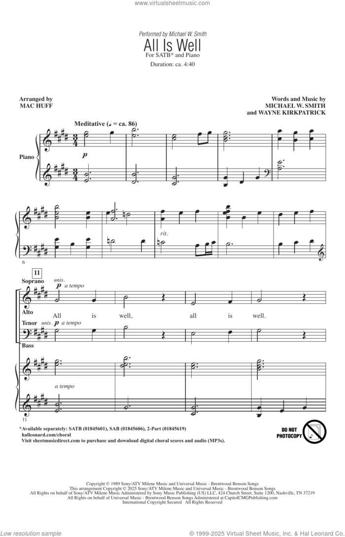 All Is Well (arr. Mac Huff) sheet music for choir (SATB: soprano, alto, tenor, bass) by Michael W. Smith, Mac Huff and Wayne Kirkpatrick, intermediate skill level