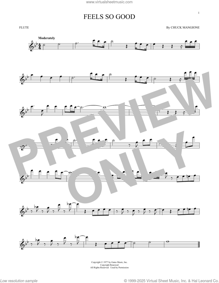 Feels So Good sheet music for flute solo by Chuck Mangione, intermediate skill level