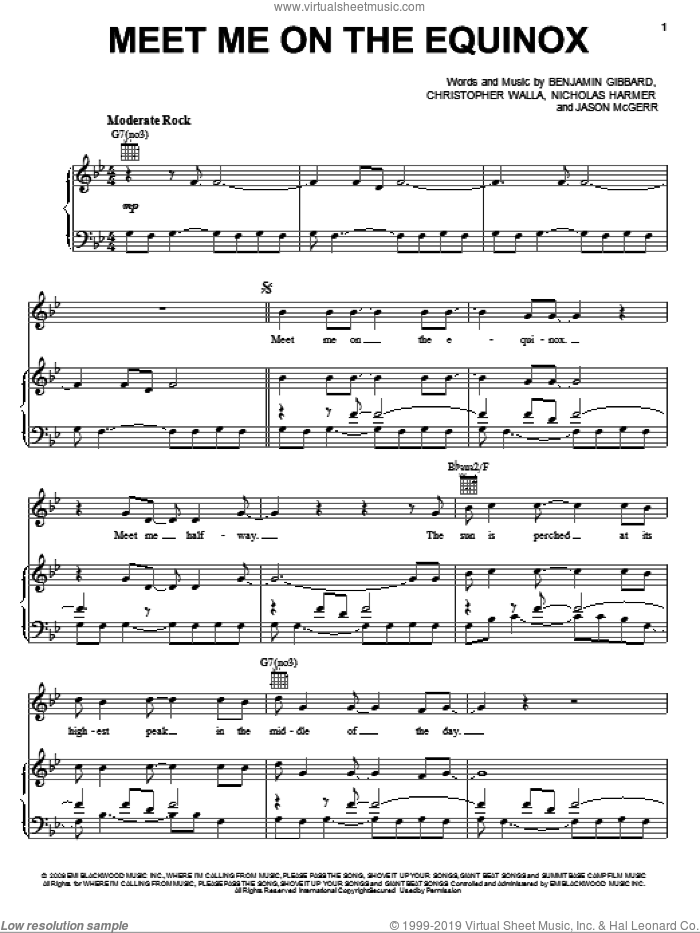 Meet Me On The Equinox sheet music for voice, piano or guitar by Death Cab For Cutie, Benjamin Gibbard, Christopher Walla, Jason McGerr and Nicholas Harmer, intermediate skill level