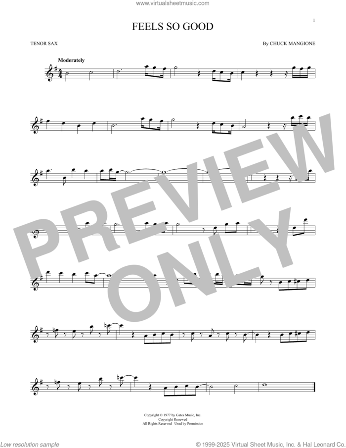 Feels So Good sheet music for tenor saxophone solo by Chuck Mangione, intermediate skill level