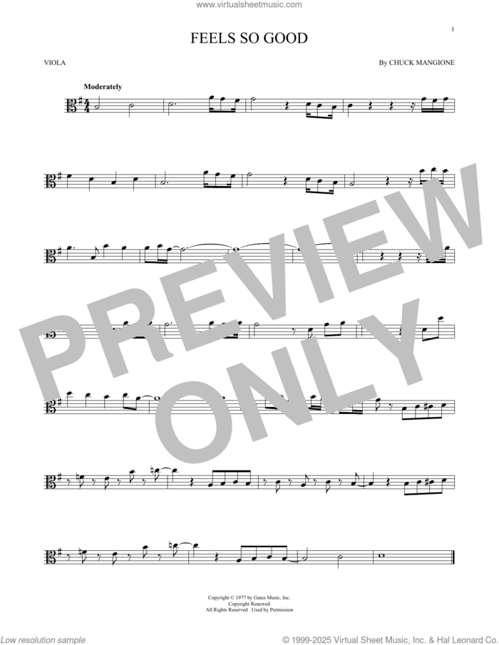 Feels So Good sheet music for viola solo by Chuck Mangione, intermediate skill level