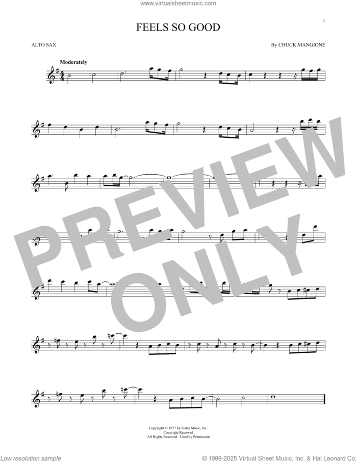Feels So Good sheet music for alto saxophone solo by Chuck Mangione, intermediate skill level