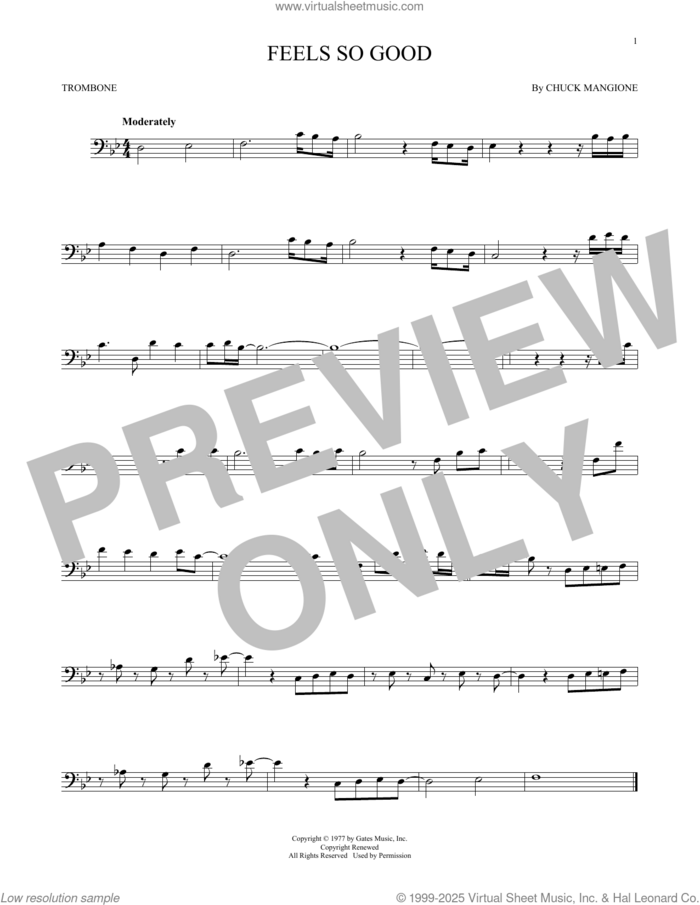 Feels So Good sheet music for trombone solo by Chuck Mangione, intermediate skill level