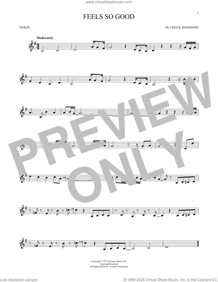 Feels So Good sheet music for violin solo by Chuck Mangione, intermediate skill level