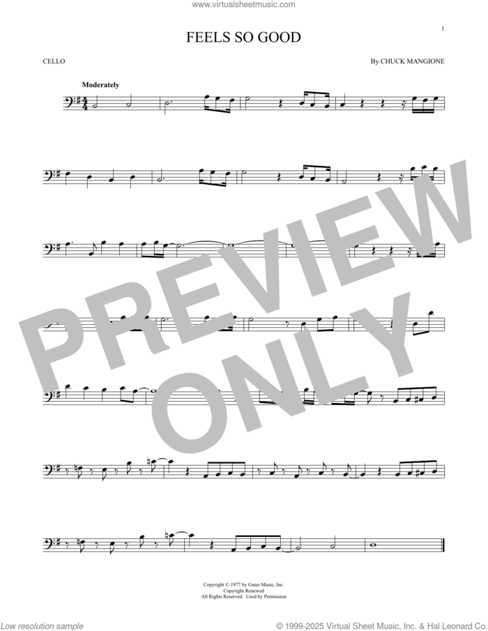Feels So Good sheet music for cello solo by Chuck Mangione, intermediate skill level
