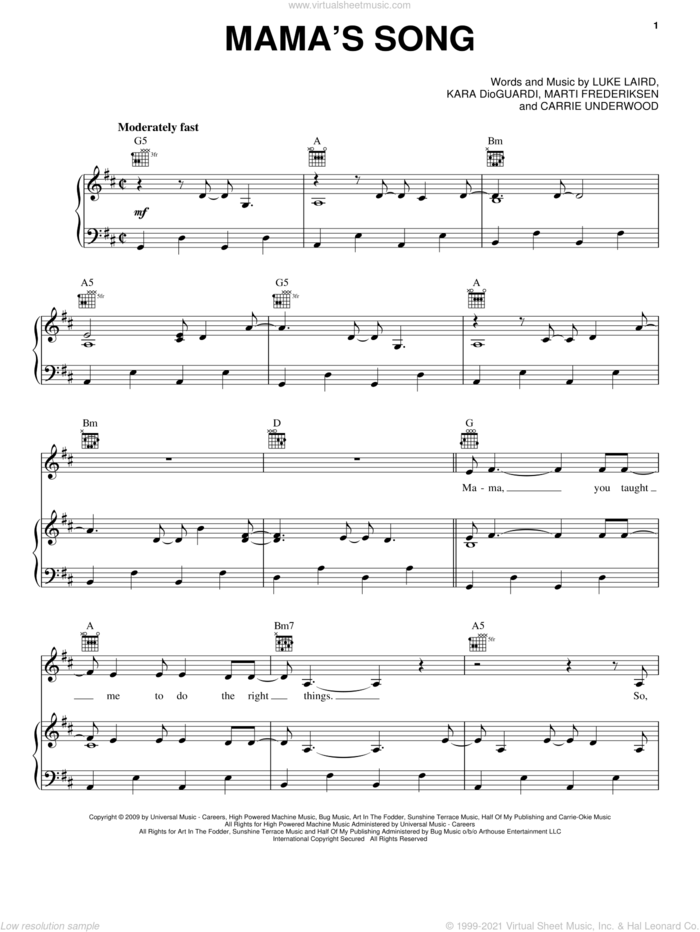 Mama's Song sheet music for voice, piano or guitar by Carrie Underwood, Kara DioGuardi, Luke Laird and Marti Frederiksen, intermediate skill level