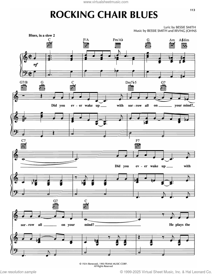 Rocking Chair Blues sheet music for voice, piano or guitar by Bessie Smith and Irving Johns, intermediate skill level