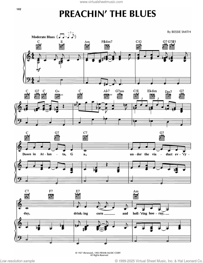 Preachin' The Blues sheet music for voice, piano or guitar by Bessie Smith, intermediate skill level