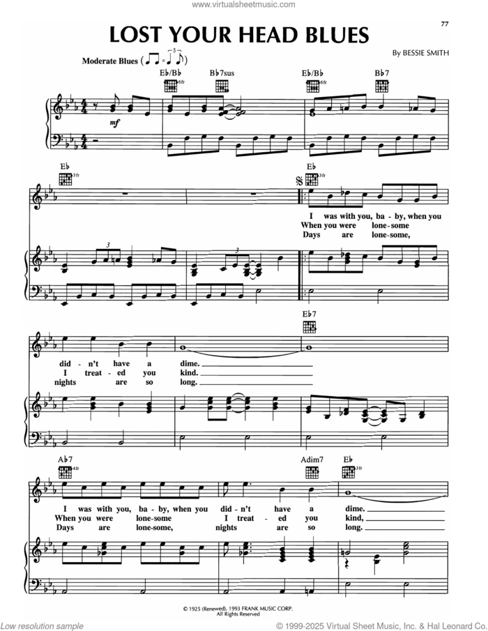 Lost Your Head Blues sheet music for voice, piano or guitar by Bessie Smith, intermediate skill level
