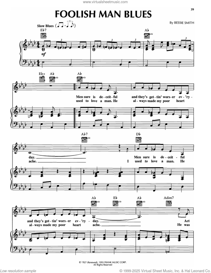 Foolish Man Blues sheet music for voice, piano or guitar by Bessie Smith, intermediate skill level