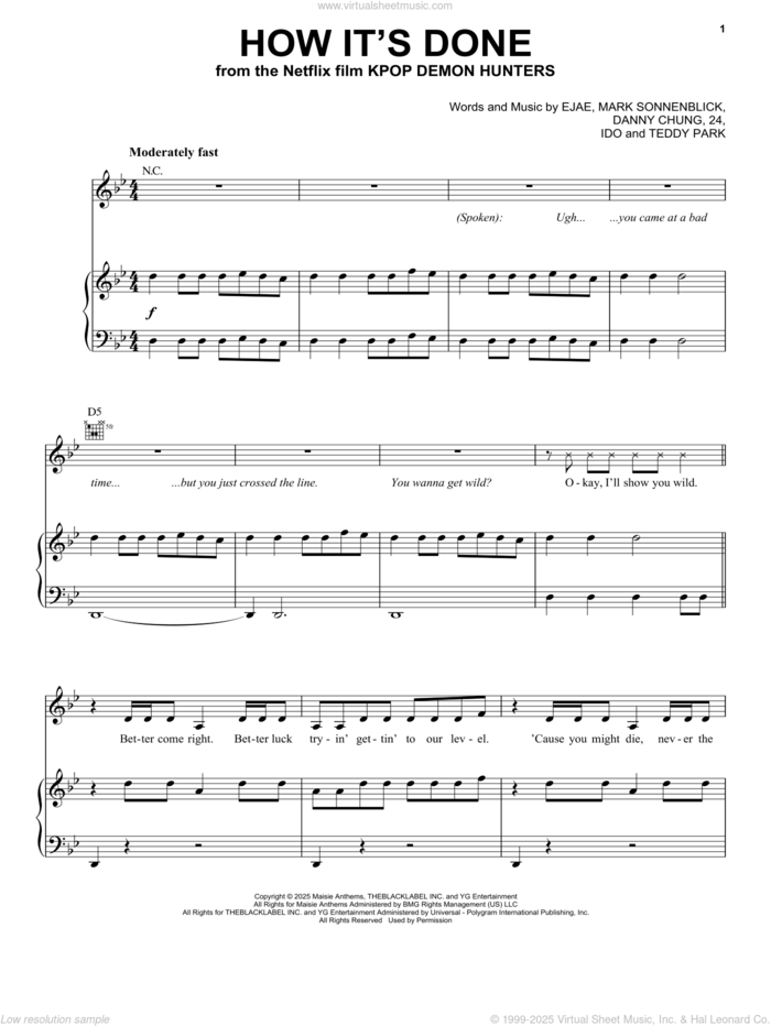 How It's Done (from KPop Demon Hunters) sheet music for voice, piano or guitar by Huntr/X (Ejae, Audrey Nuna And Rei Ami), Danny Chung, Kim Eun-jae (aka EJAE) and Mark Sonnenblick, intermediate skill level
