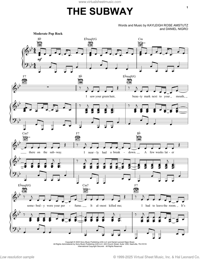 The Subway sheet music for voice, piano or guitar by Chappell Roan, Daniel Nigro and Kayleigh Rose Amstutz, intermediate skill level