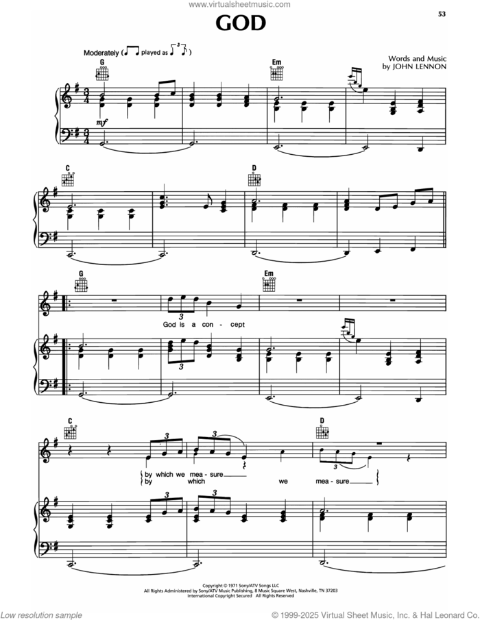 God sheet music for voice, piano or guitar by John Lennon, intermediate skill level
