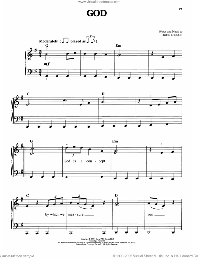 God sheet music for piano solo by John Lennon, easy skill level