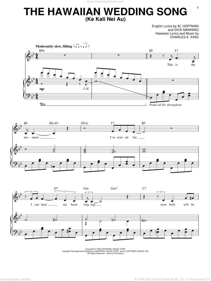 The Hawaiian Wedding Song (Ke Kali Nei Au) sheet music for voice and piano by Andy Williams, Elvis Presley, Al Hoffman, Charles E. King and Dick Manning, wedding score, intermediate skill level