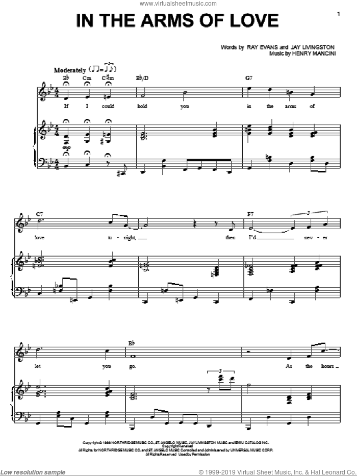 In The Arms Of Love sheet music for voice and piano by Andy Williams, Henry Mancini, Jay Livingston and Ray Evans, intermediate skill level