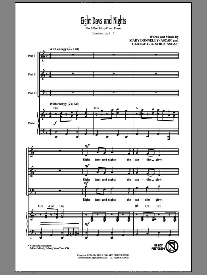 Eight Days And Nights sheet music for choir (3-Part Mixed) by Mary Donnelly and George L.O. Strid, intermediate skill level
