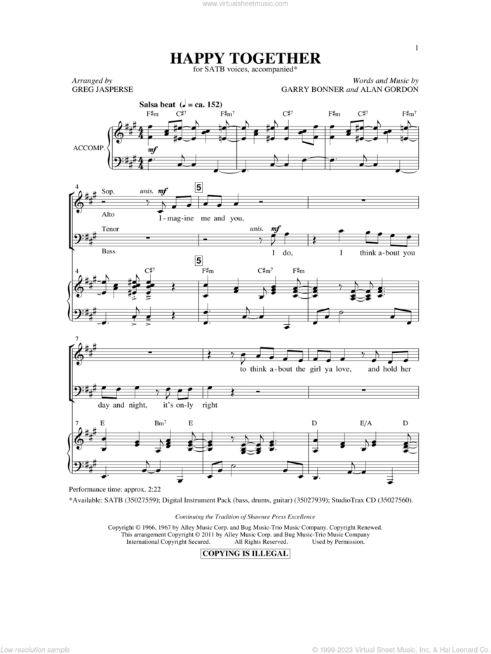 Happy Together (arr. Audrey Snyder) sheet music for choir (SATB: soprano, alto, tenor, bass) by Greg Jasperse, Alan Gordon, Garry Bonner and The Turtles, intermediate skill level