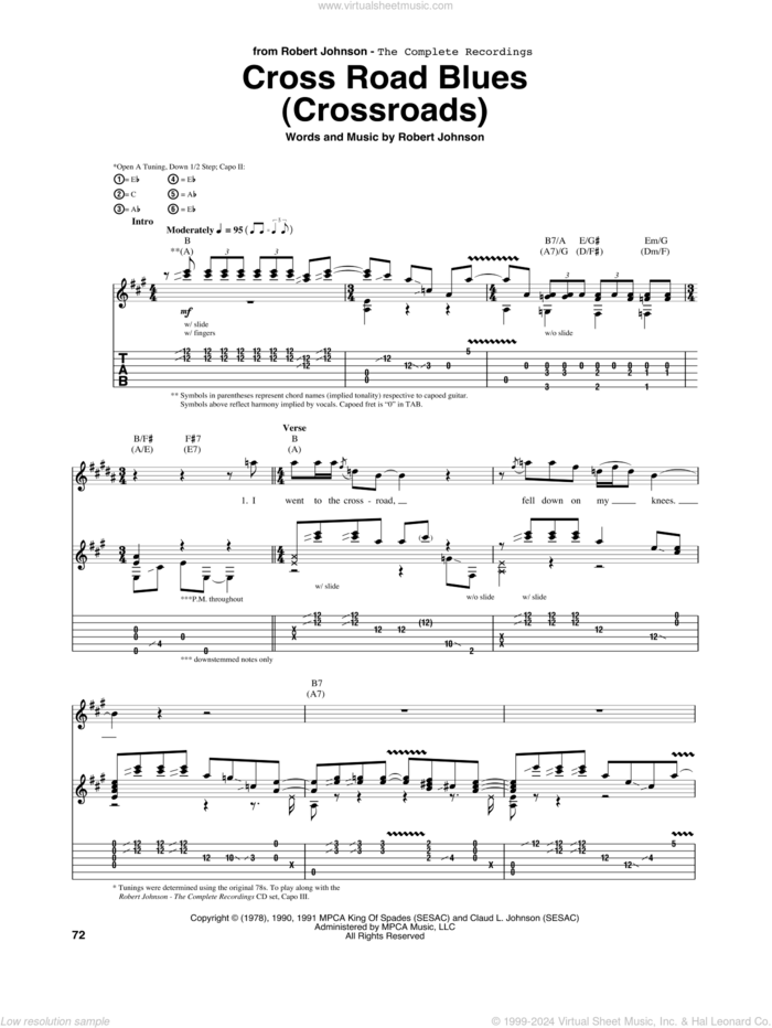 Cross Road Blues (Crossroads) sheet music for guitar (tablature) by Robert Johnson, intermediate skill level