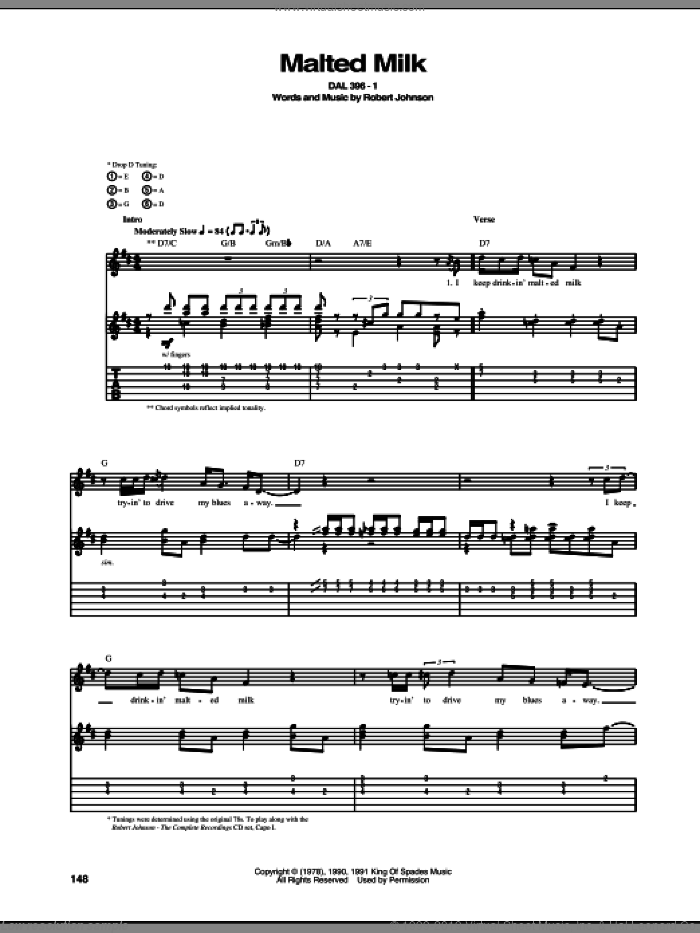 Malted Milk sheet music for guitar (tablature) by Robert Johnson, intermediate skill level