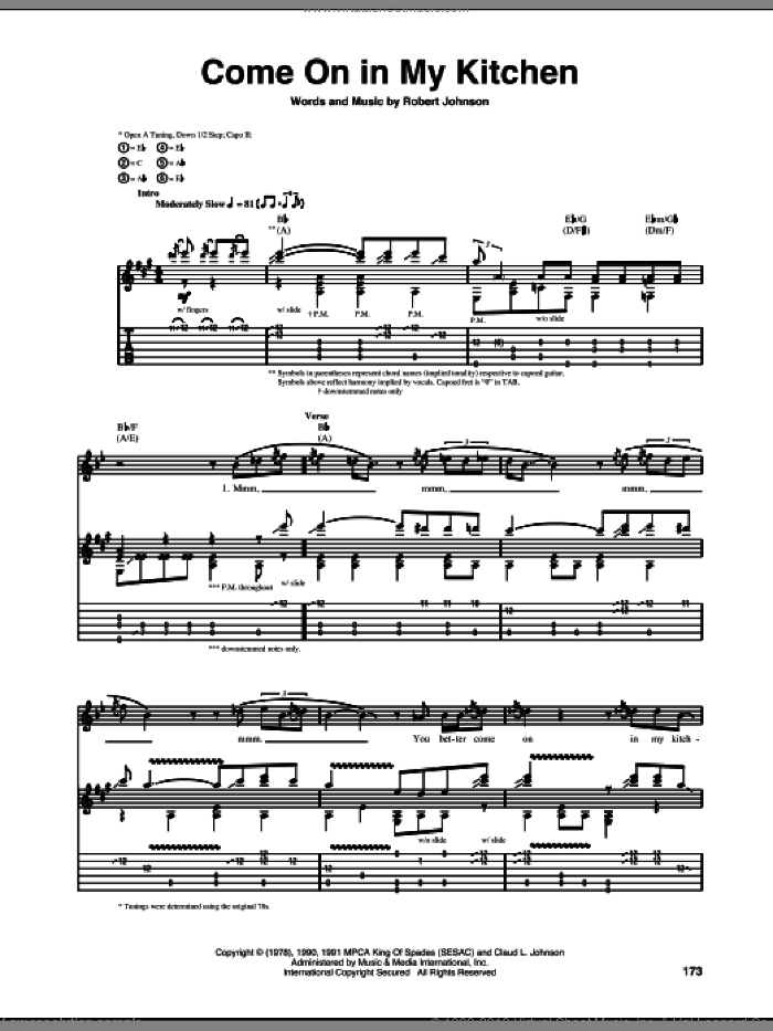 Come On In My Kitchen sheet music for guitar (tablature) by Robert Johnson, intermediate skill level