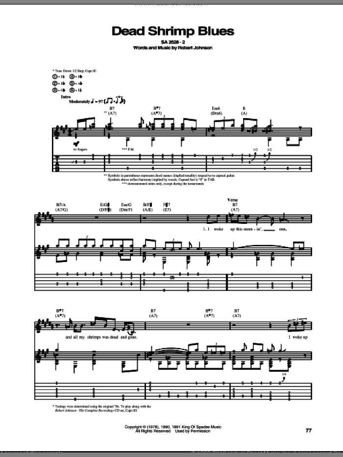 Dead Shrimp Blues sheet music for guitar (tablature) by Robert Johnson, intermediate skill level