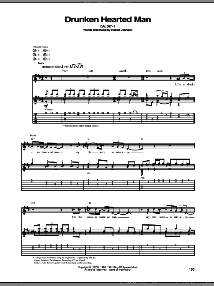 Drunken Hearted Man sheet music for guitar (tablature) by Robert Johnson, intermediate skill level
