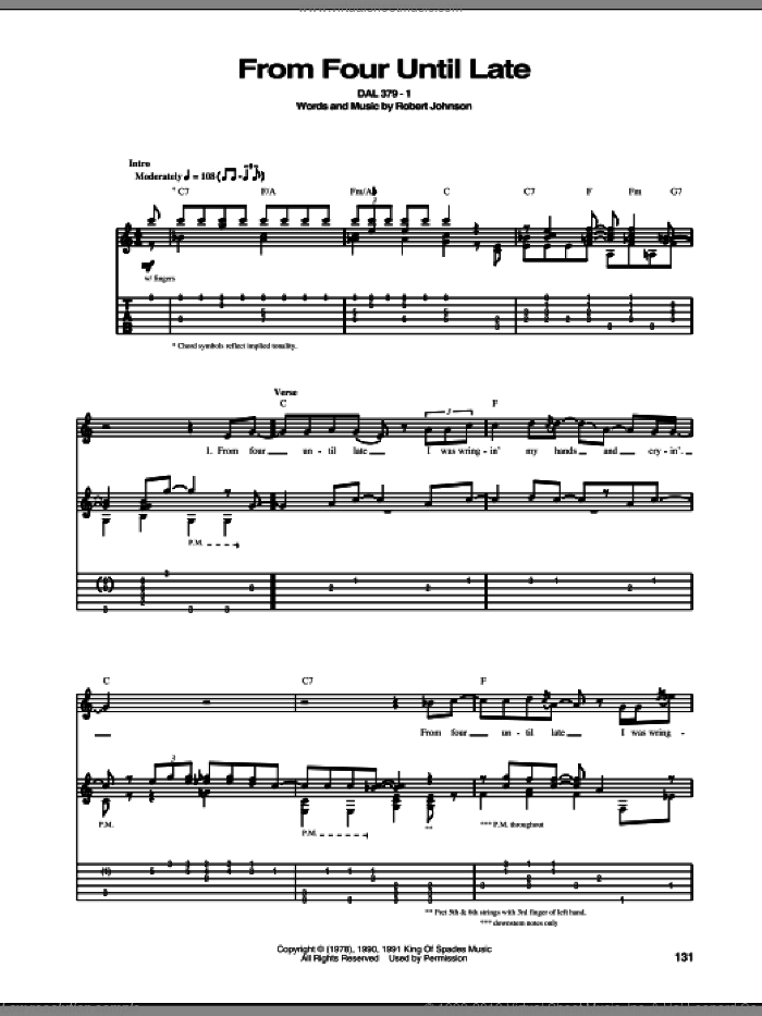 From Four Until Late sheet music for guitar (tablature) by Robert Johnson, intermediate skill level