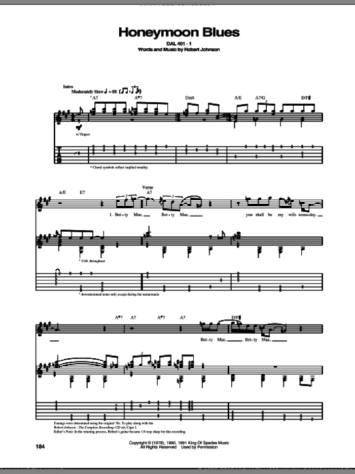 Honeymoon Blues sheet music for guitar (tablature) by Robert Johnson, intermediate skill level