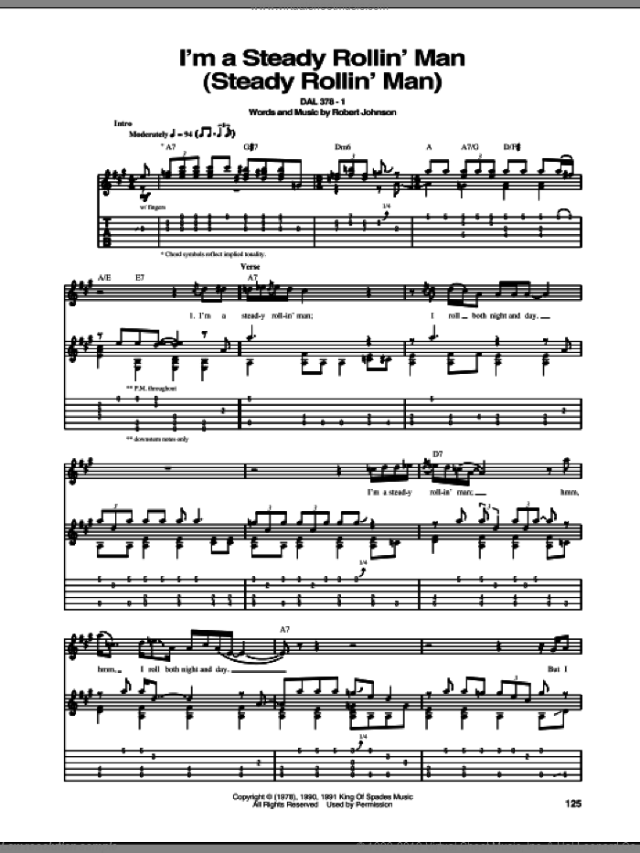 I'm A Steady Rollin' Man (Steady Rollin' Man) sheet music for guitar (tablature) by Robert Johnson, intermediate skill level