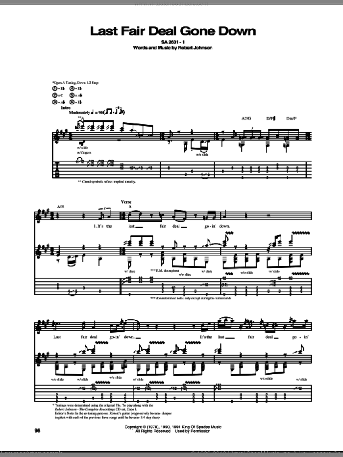 Last Fair Deal Gone Down sheet music for guitar (tablature) by Robert Johnson, intermediate skill level