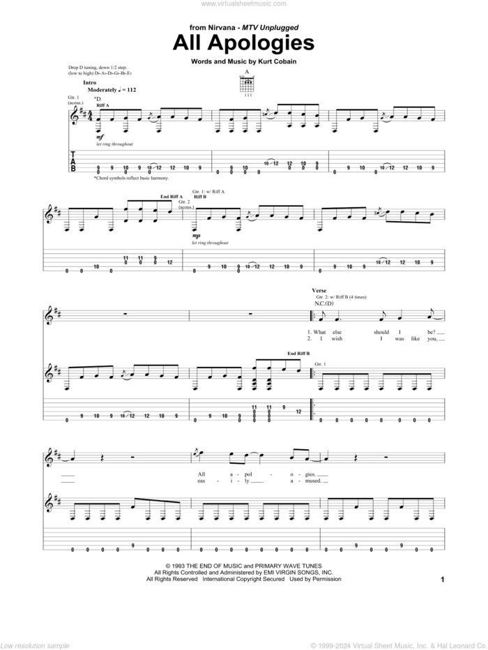 All Apologies sheet music for guitar (tablature) by Nirvana and Kurt Cobain, intermediate skill level